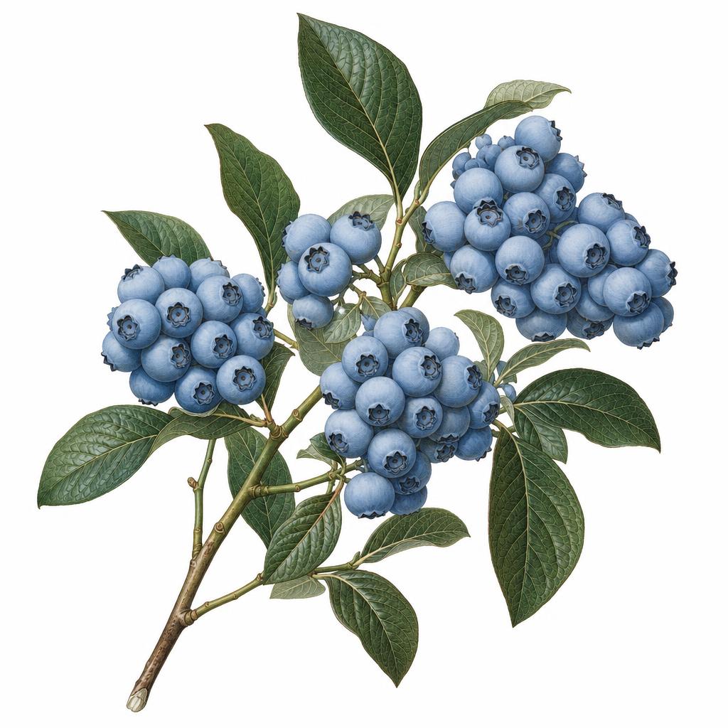 Ilustrație botanică a afinului cu tufă înaltă (Vaccinium corymbosum) cu fructe albastre ferme în ciorchini denși