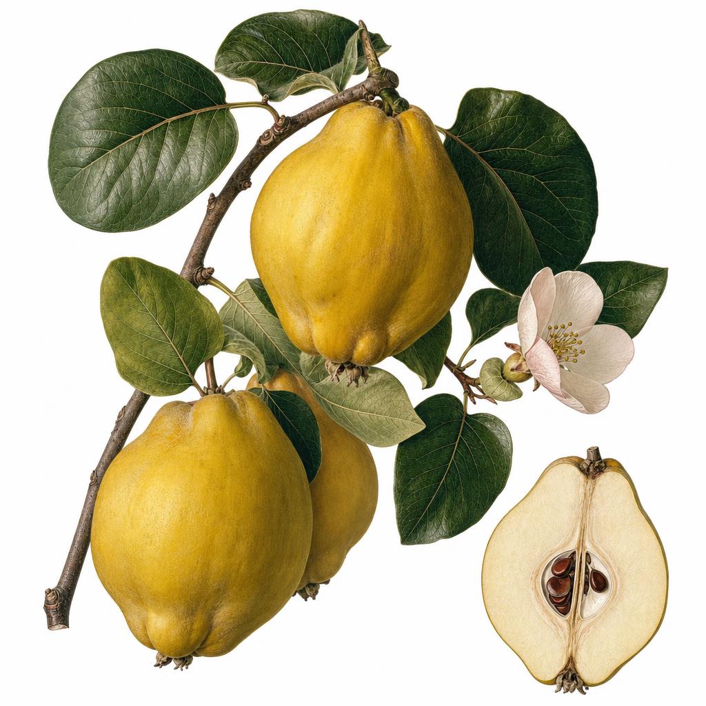 Ilustrație botanică a gutuiului (Cydonia oblonga) cu fructe galbene piriforme