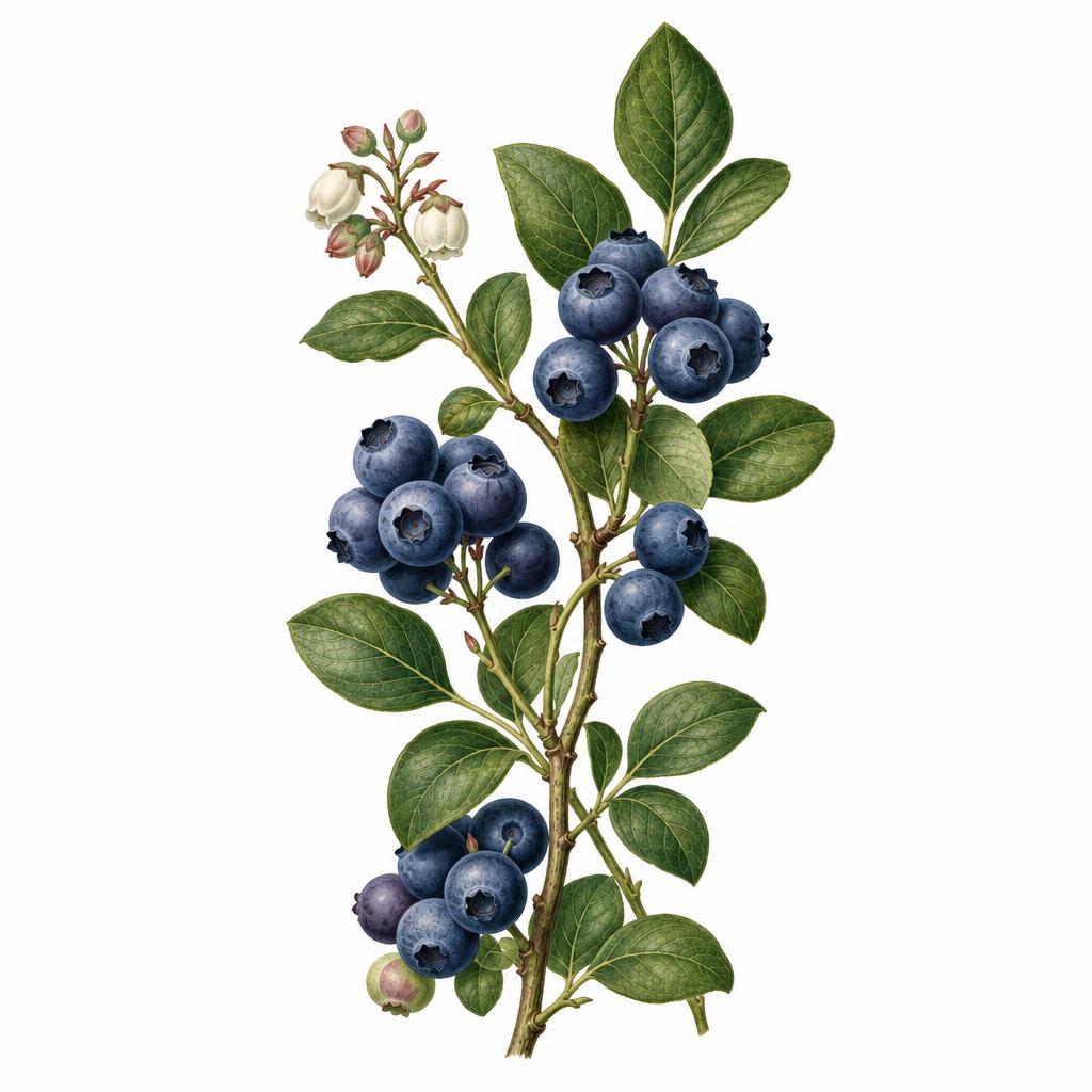Ilustrație botanică a afinului cu tufă înaltă (Vaccinium corymbosum) cu ciorchini de fructe