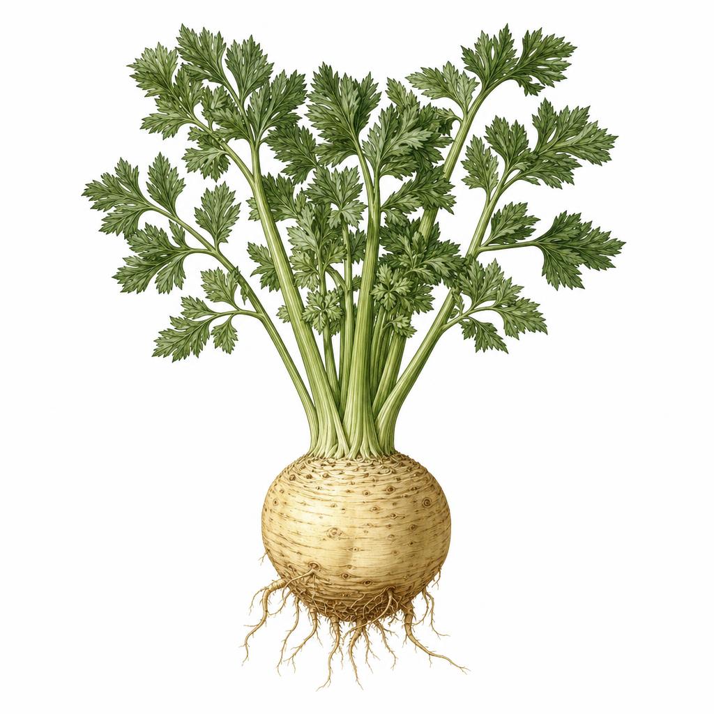 Ilustrație botanică a țelinei de rădăcină (Apium graveolens var. rapaceum) cu bulb rotund și frunziș
