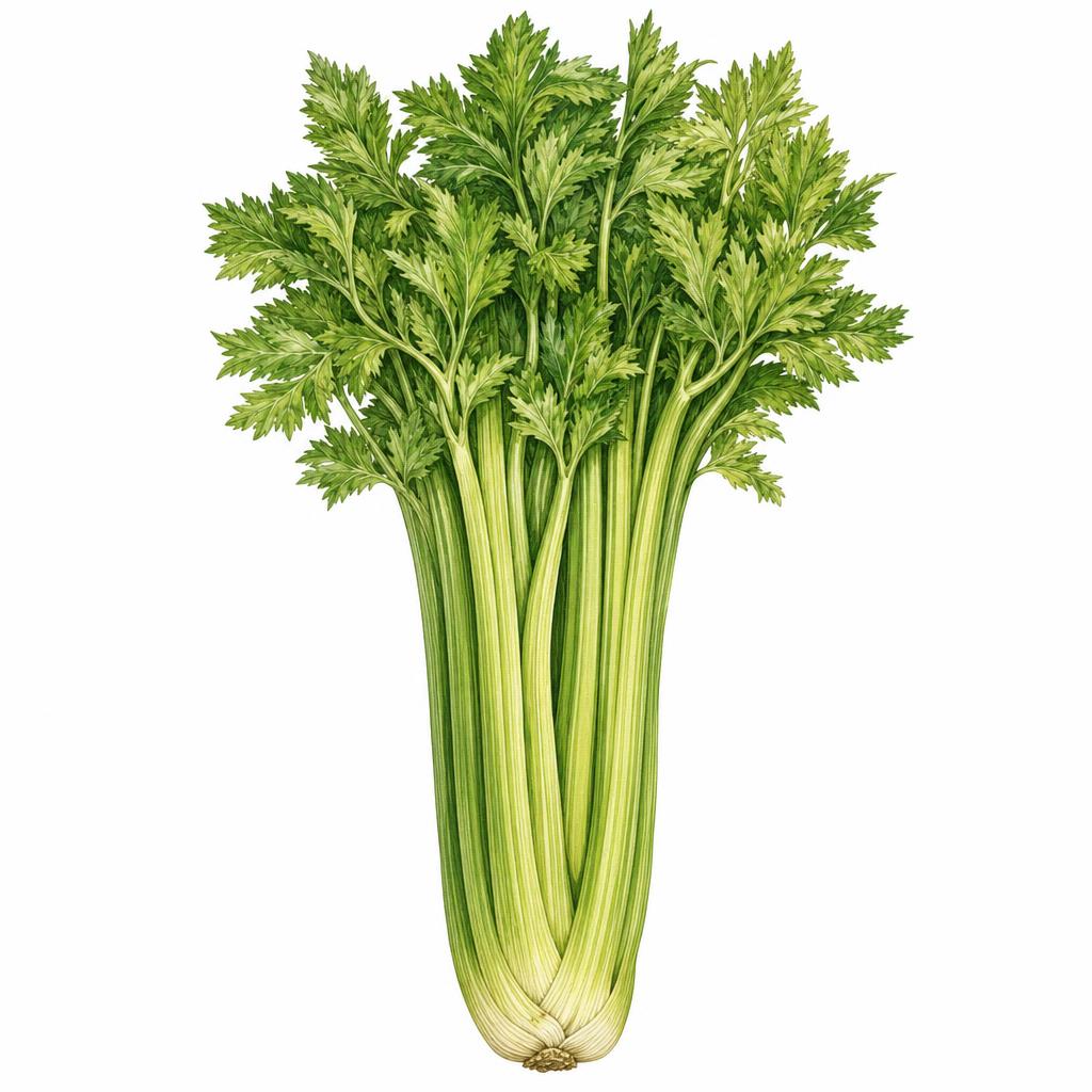 Ilustrație botanică a țelinei pentru pețiol (Apium graveolens var. dulce) cu pețioli drepți, cărnoși